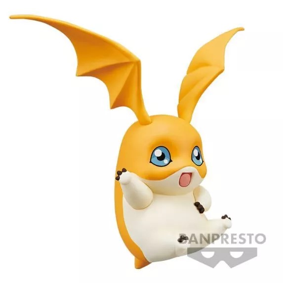 A small, orange and white creature with large wings and blue eyes is depicted with an open mouth. The image has the Banpresto logo in the bottom right corner.