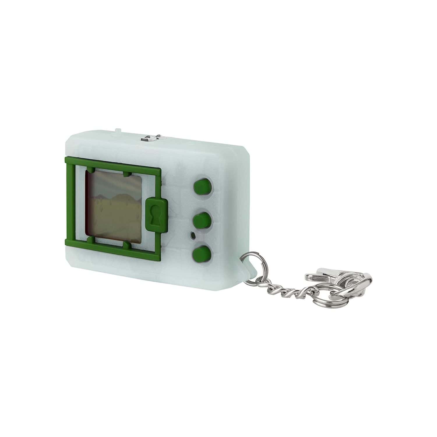 digimon-bandai-original-digivice-virtual-pet-monster-glow-in-the-dark-3 A white and green keychain with a green screen.
