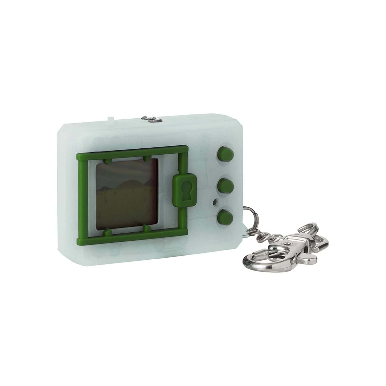 digimon-bandai-original-digivice-virtual-pet-monster-glow-in-the-dark A white and green keychain with a green screen.