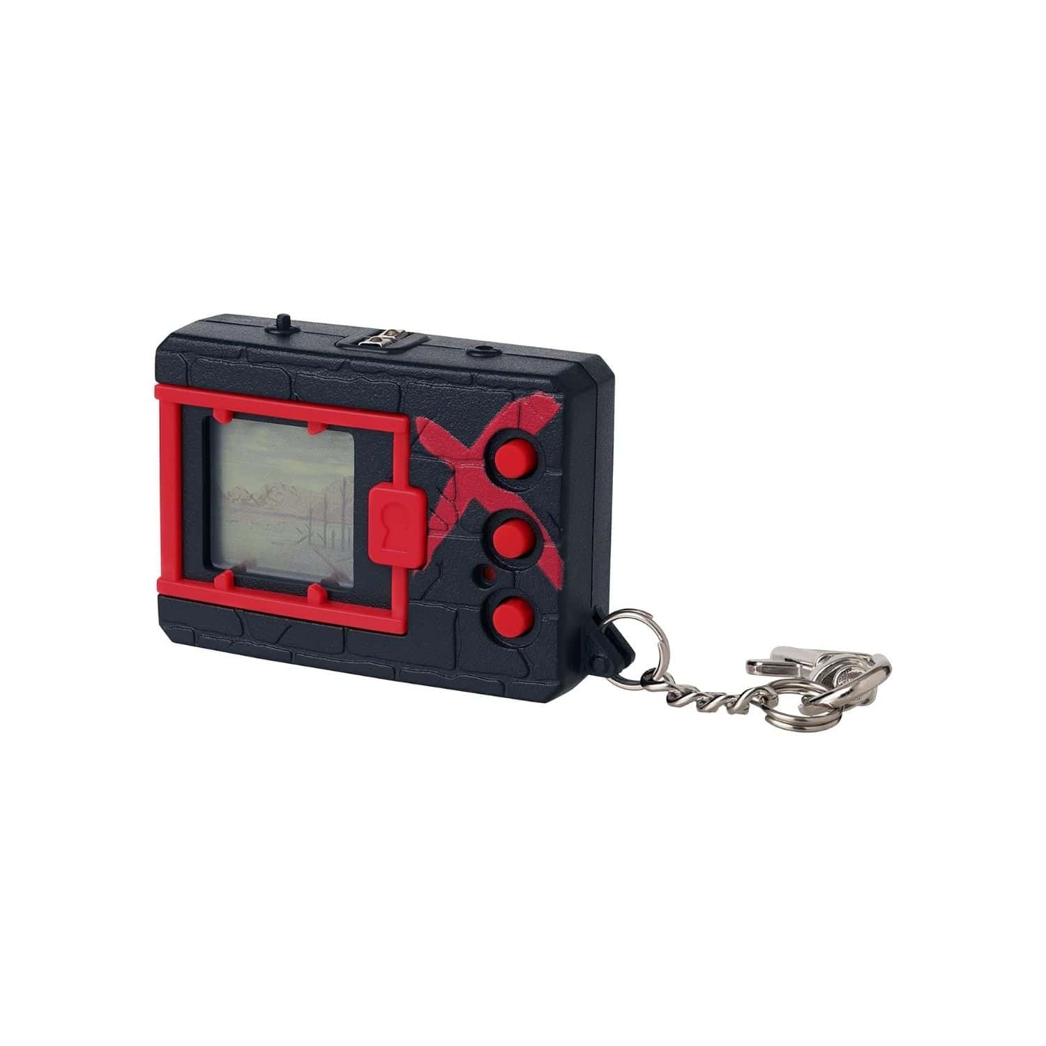 digimon-x-bandai-digivice-virtual-pet-monster-black-&-red-41921-2 A red and black key chain with a lcd screen.