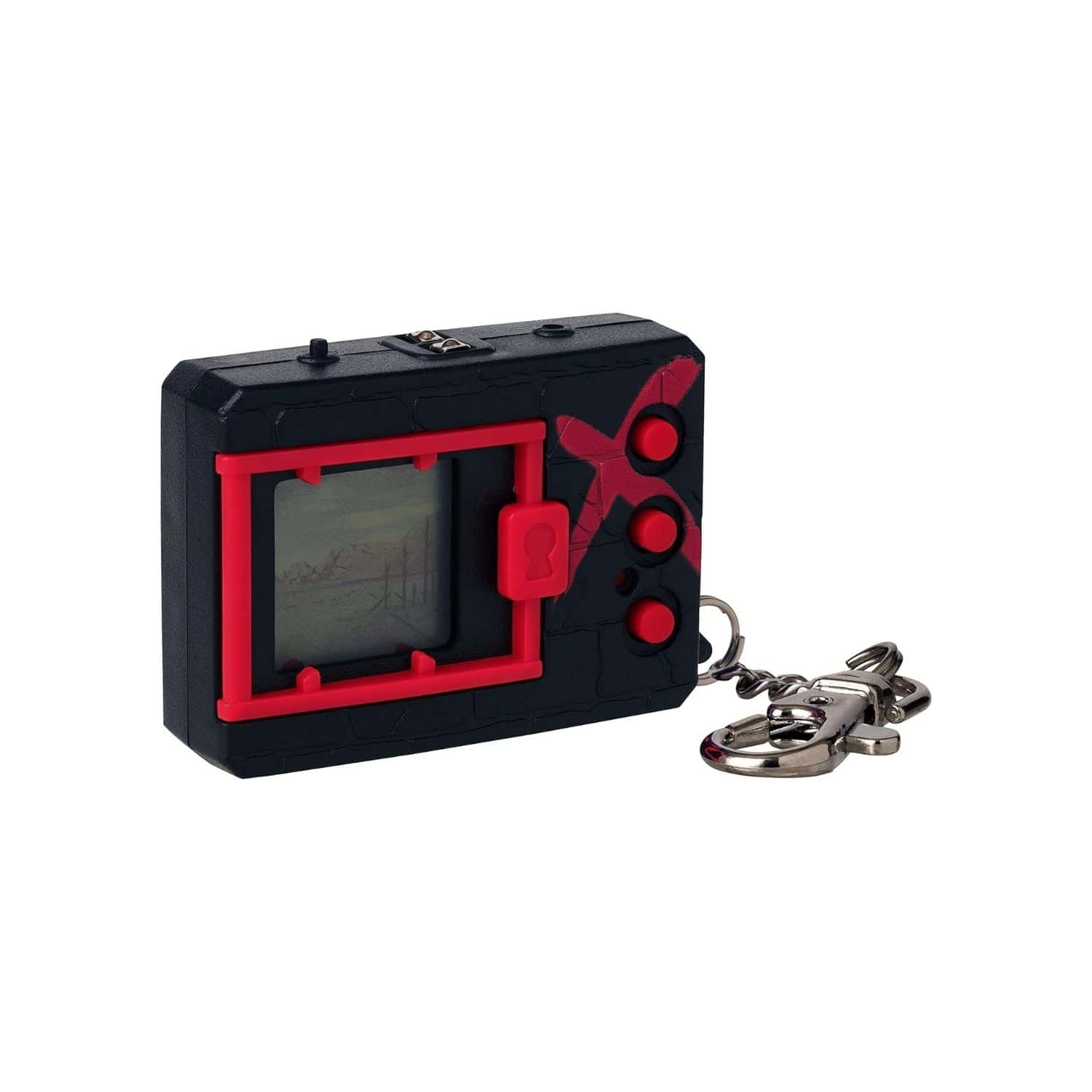 digimon-x-bandai-digivice-virtual-pet-monster-black-&-red-41921-3 A small black and red keychain with a lcd screen.