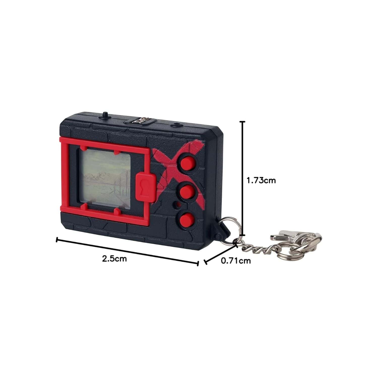 digimon-x-bandai-digivice-virtual-pet-monster-black-&-red-41921-8 A small black and red lcd game with a key chain.