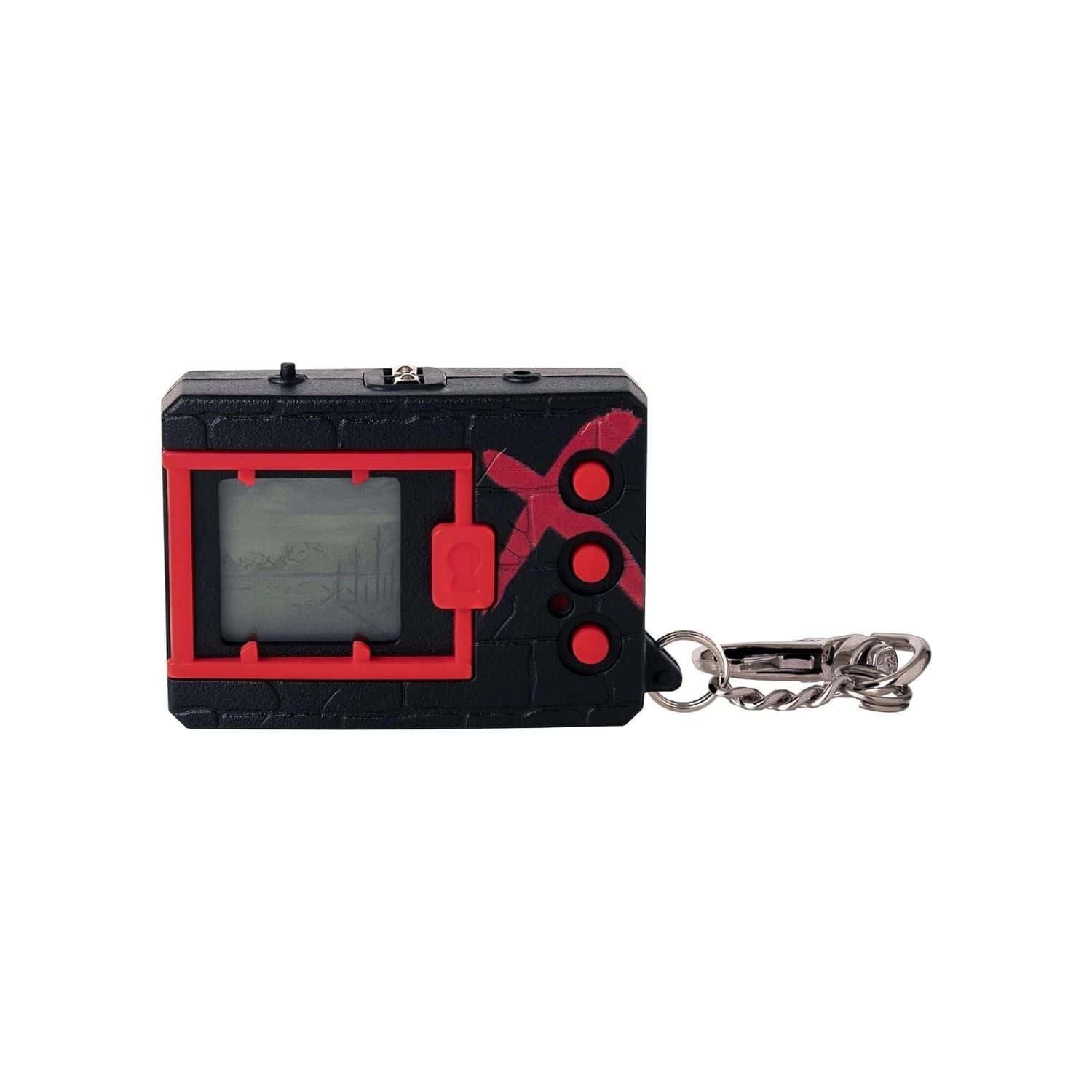 digimon-x-bandai-digivice-virtual-pet-monster-black-&-red-41921 A red and black lcd camera with a keychain.