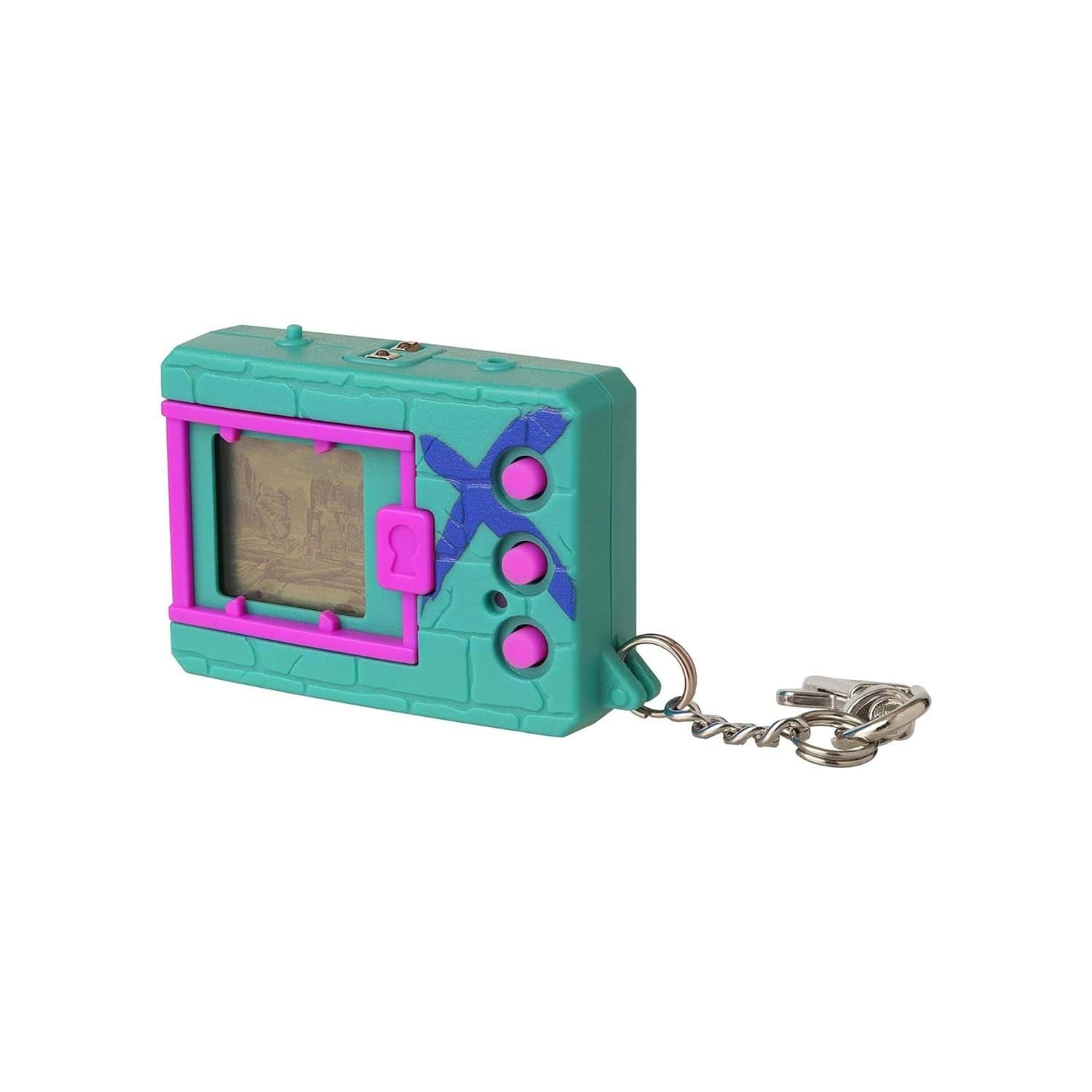 digimon-x-bandai-digivice-virtual-pet-monster-green-&-blue-41924-2 A toy key chain with a toy game on it.