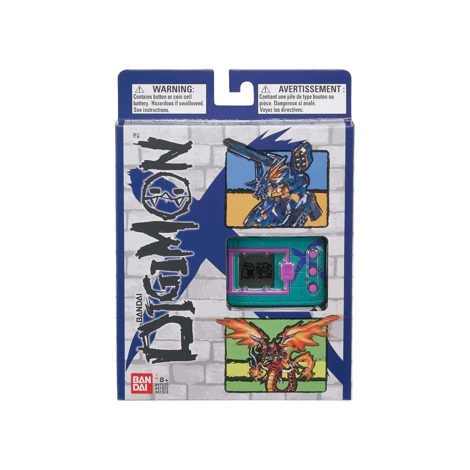 digimon-x-bandai-digivice-virtual-pet-monster-green-&-blue-41924-4 A package of a toy with a dragon on it.