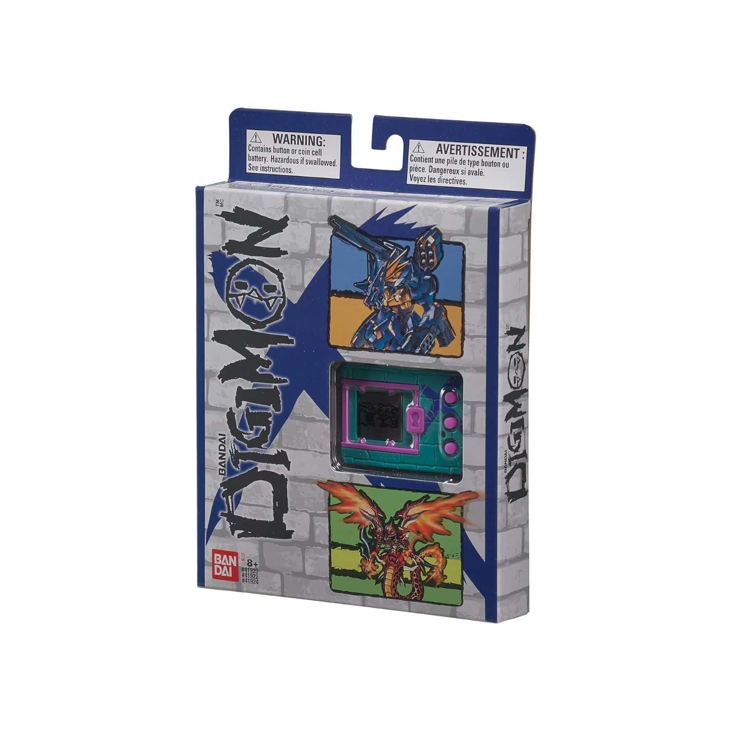 digimon-x-bandai-digivice-virtual-pet-monster-green-&-blue-41924-6 A package of a toy with a dragon on it.