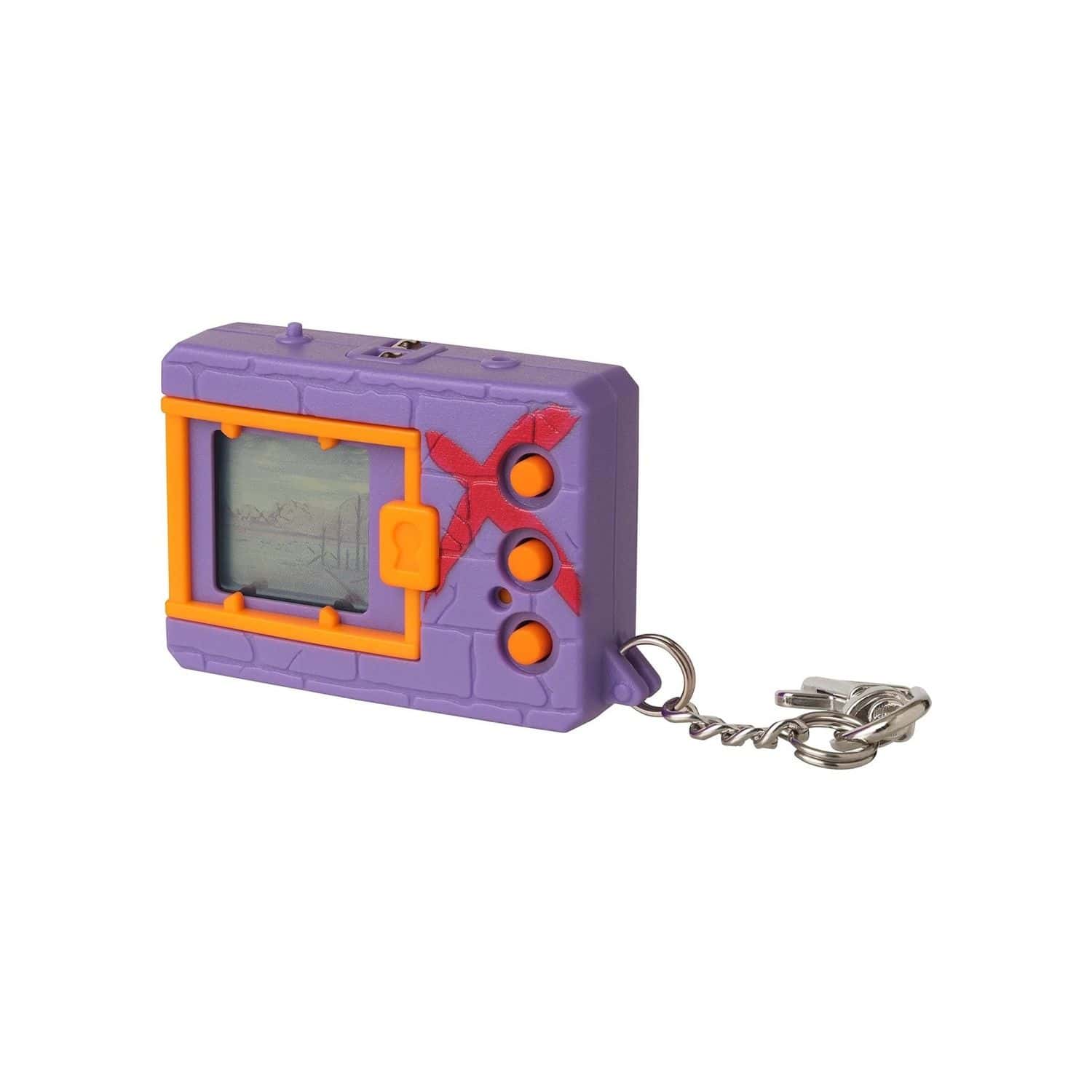 digimon-x-bandai-digivice-virtual-pet-monster-purple-&-red-41923-2 A purple and orange electronic toy with a keychain.
