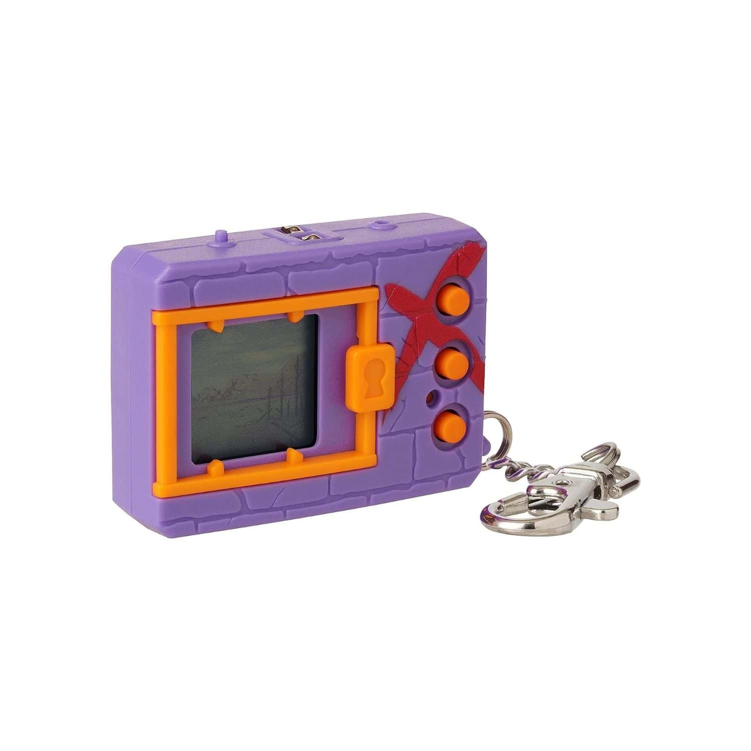 digimon-x-bandai-digivice-virtual-pet-monster-purple-&-red-41923-3 A purple and orange toy with a keychain.