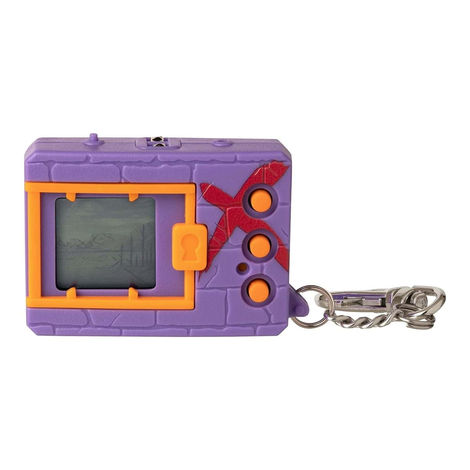 digimon-x-bandai-digivice-virtual-pet-monster-purple-&-red-41923-8 A purple and orange toy with a keychain.