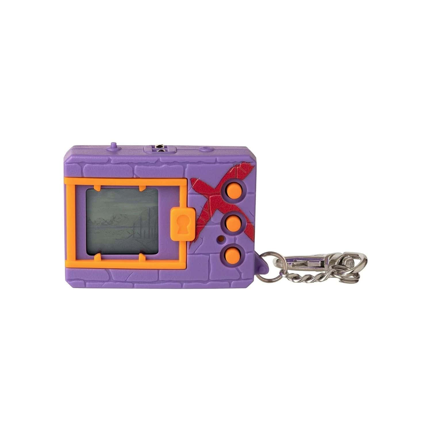 digimon-x-bandai-digivice-virtual-pet-monster-purple-&-red-41923 A purple and orange toy with a key chain.