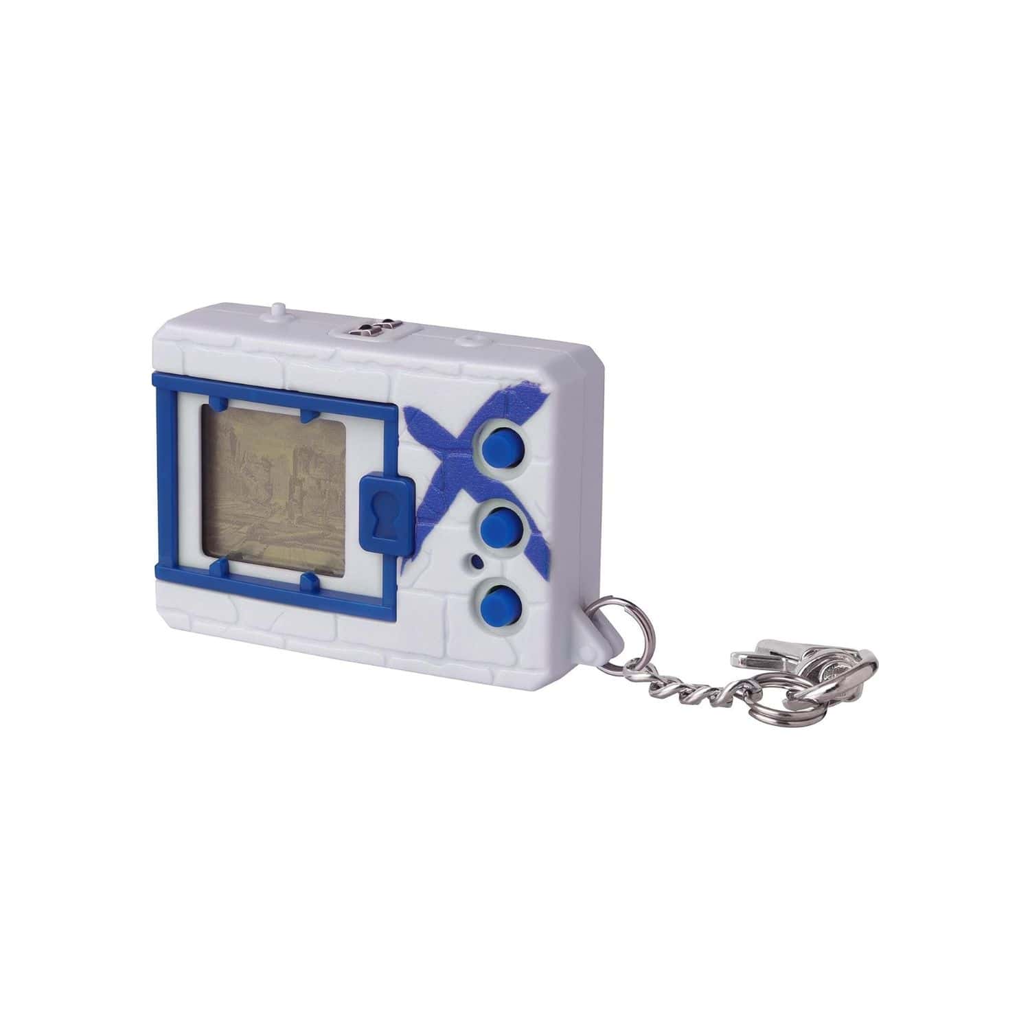 digimon-x-bandai-digivice-virtual-pet-monster-white-&-blue-41922-2 A white and blue electronic toy with a key chain.