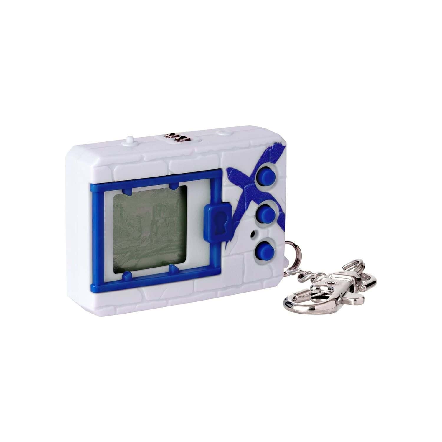 digimon-x-bandai-digivice-virtual-pet-monster-white-&-blue-41922-3 A white and blue electronic toy with a key chain.