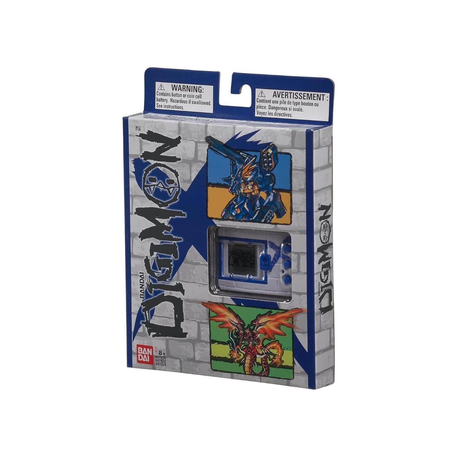 digimon-x-bandai-digivice-virtual-pet-monster-white-&-blue-41922-6 A package of a toy with an image of a character on it.