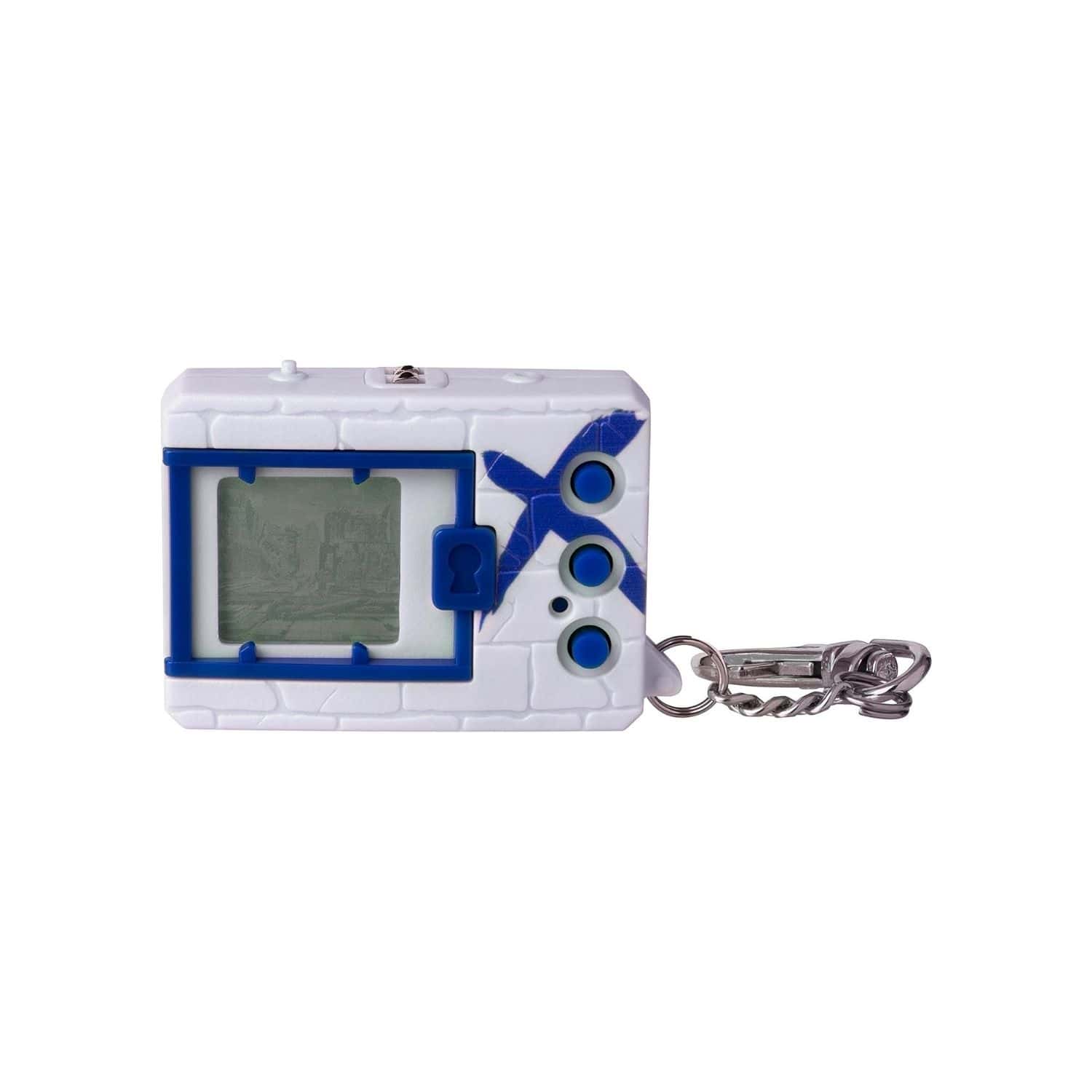 digimon-x-bandai-digivice-virtual-pet-monster-white-&-blue-41922 A white and blue electronic keychain with a blue screen.