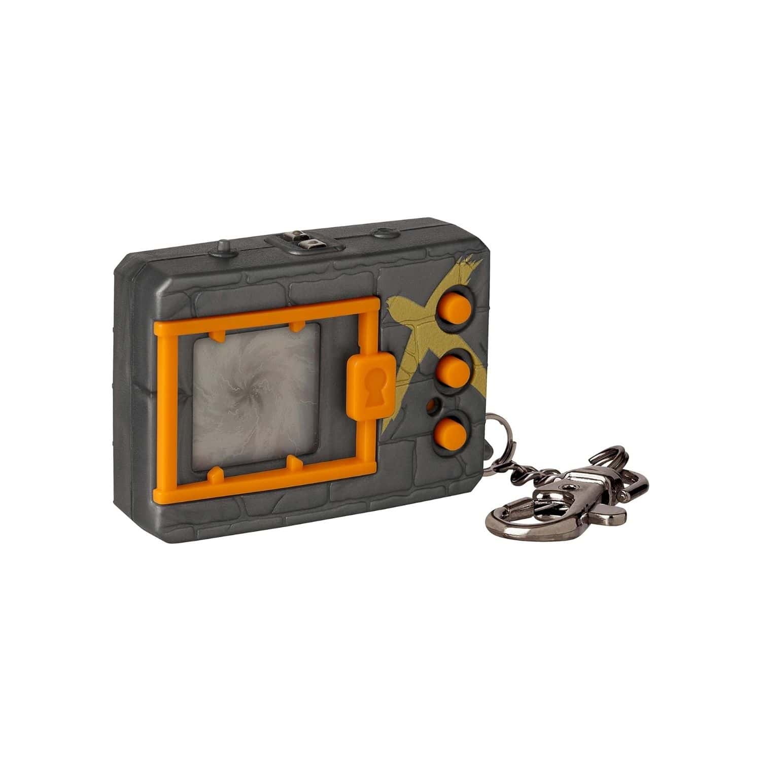 digimon-x-metallic-grey-&-gold-41927-2 A toy camera with a key chain attached to it.