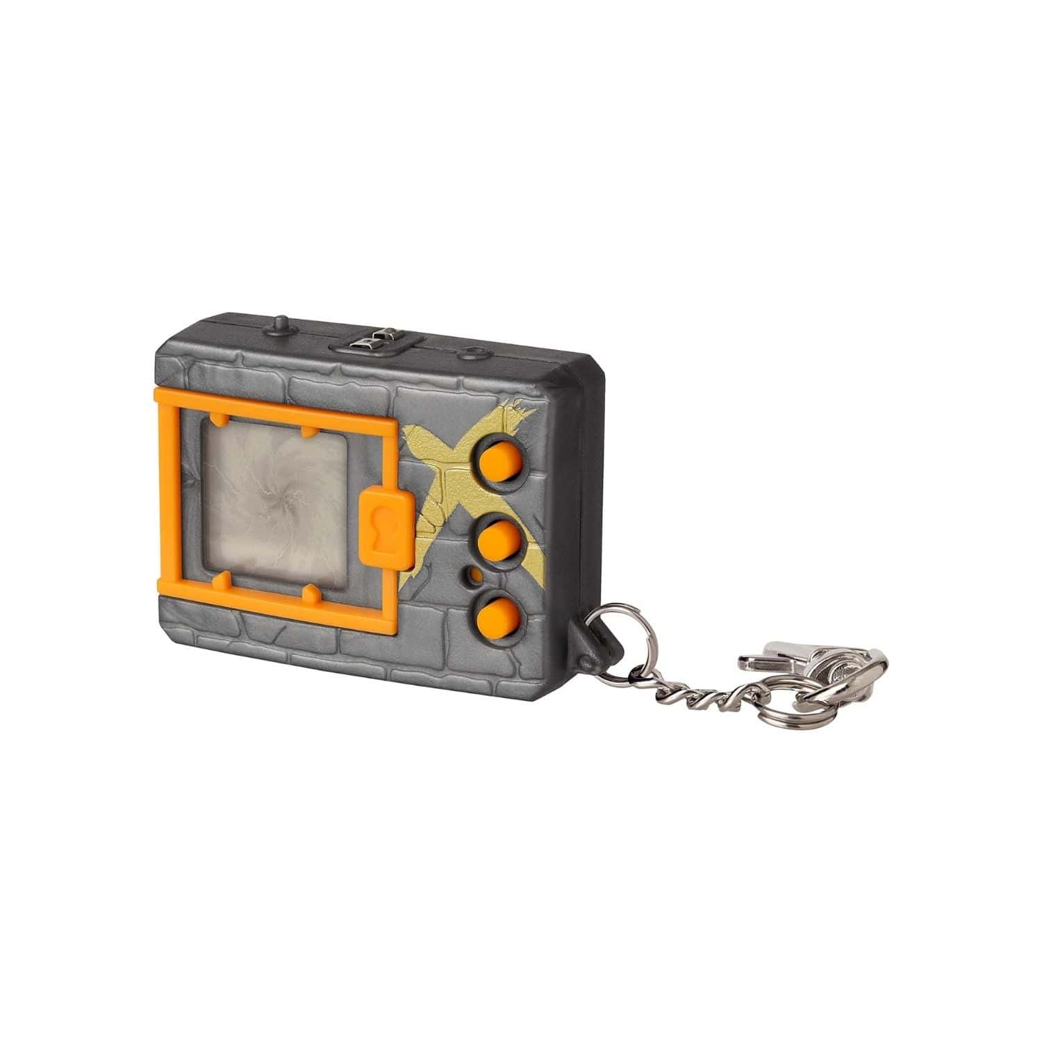 digimon-x-metallic-grey-&-gold-41927-3 A small electronic device with a keychain attached to it.