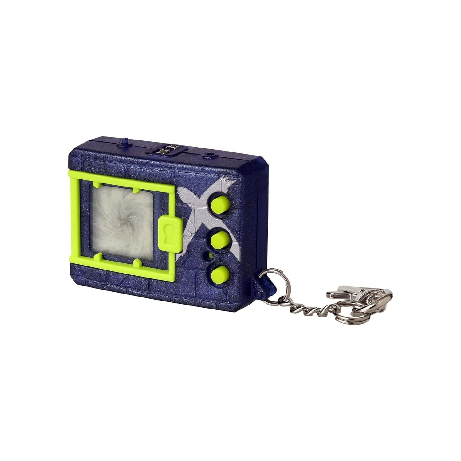 digimon-x-metallic-navy-&-silver-41928-4 A toy camera with a key chain attached to it.