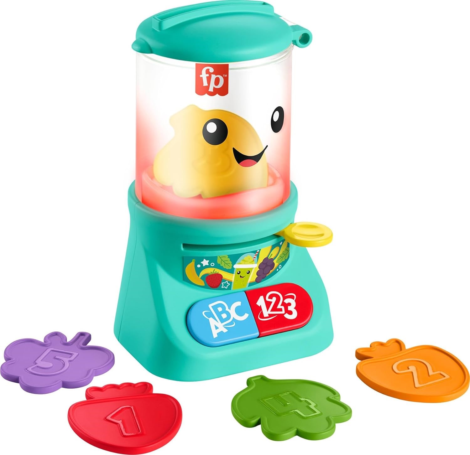 fisher-price-laugh-learn-counting-colors-smoothie-makers (1) The Fisher-Price Laugh & Learn Baby & Toddler Toy Counting & Colors features a fish character inside, with colorful shape pieces around it numbered 1 through 4. It has buttons labeled "ABC" and "123" and a green base.