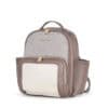 itzy-ritzy-101401590-itzy-mini-plus-backpack-vanilla-latte-1 A beige and white backpack with gold zippers and a small front pocket. The bag has a handle on top and two side pockets.