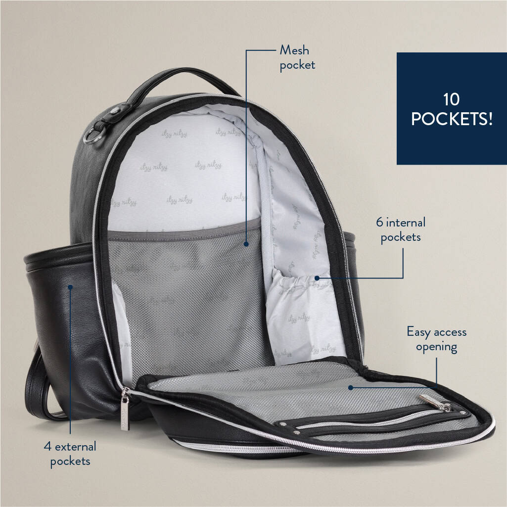 itzy-ritzy-101401619-itzy-mini-plus-backpack-noir-2 A backpack with its front open to display 10 pockets: 4 external, 6 internal, including a mesh pocket. Text overlay highlights the features with labels pointing to different parts.