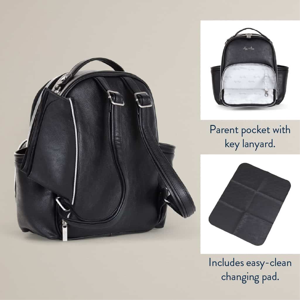 itzy-ritzy-101401619-itzy-mini-plus-backpack-noir-3 A black leather diaper bag with a parent pocket, key lanyard, and an easy-clean changing pad shown separately.