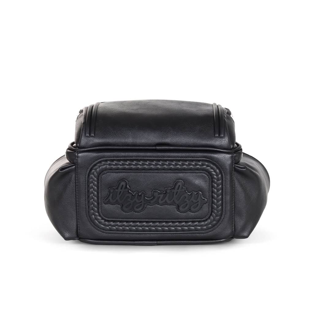 itzy-ritzy-101401619-itzy-mini-plus-backpack-noir-5 A black leather fanny pack with a central zippered pocket displaying the text "itsy ritzy" embroidered on the front.
