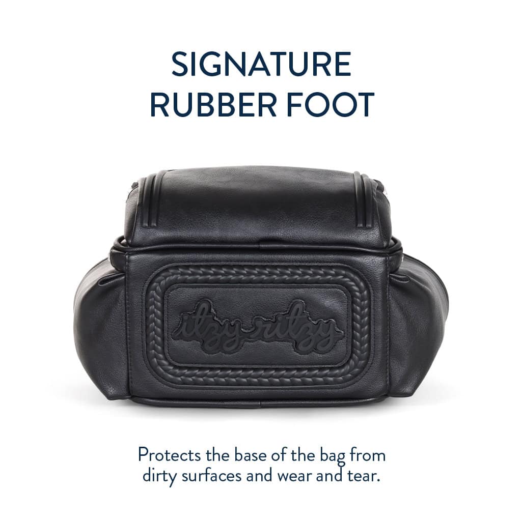 itzy-ritzy-101401619-itzy-mini-plus-backpack-noir-7 A black bag with a detailed rubber foot labeled "Itzy Ritzy" is shown. Text above reads "SIGNATURE RUBBER FOOT," with a caption below stating it protects the base from dirt and wear and tear.