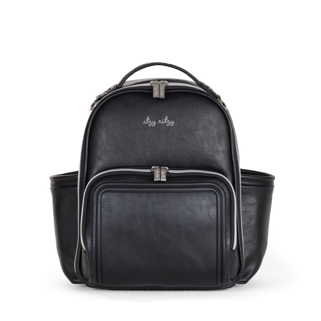 itzy-ritzy-101401619-itzy-mini-plus-backpack-noir A black leather backpack with two side pockets and a front pocket, featuring silver zippers and a small embroidered logo on the front.