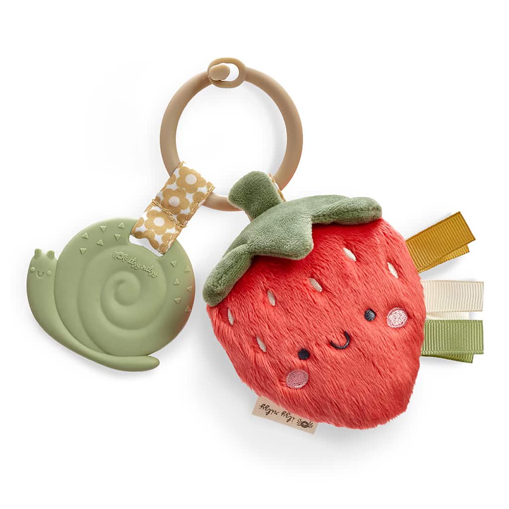 231220_Itzy_Ritzy_Digital_Shelf_ItzyPalStrawberry A baby's Itzy Ritzy - Itzy Pal - Plush Pal Infant Toy with Silicone Teether set featuring a green snail and a red strawberry with sensory tags, isolated on a white background.