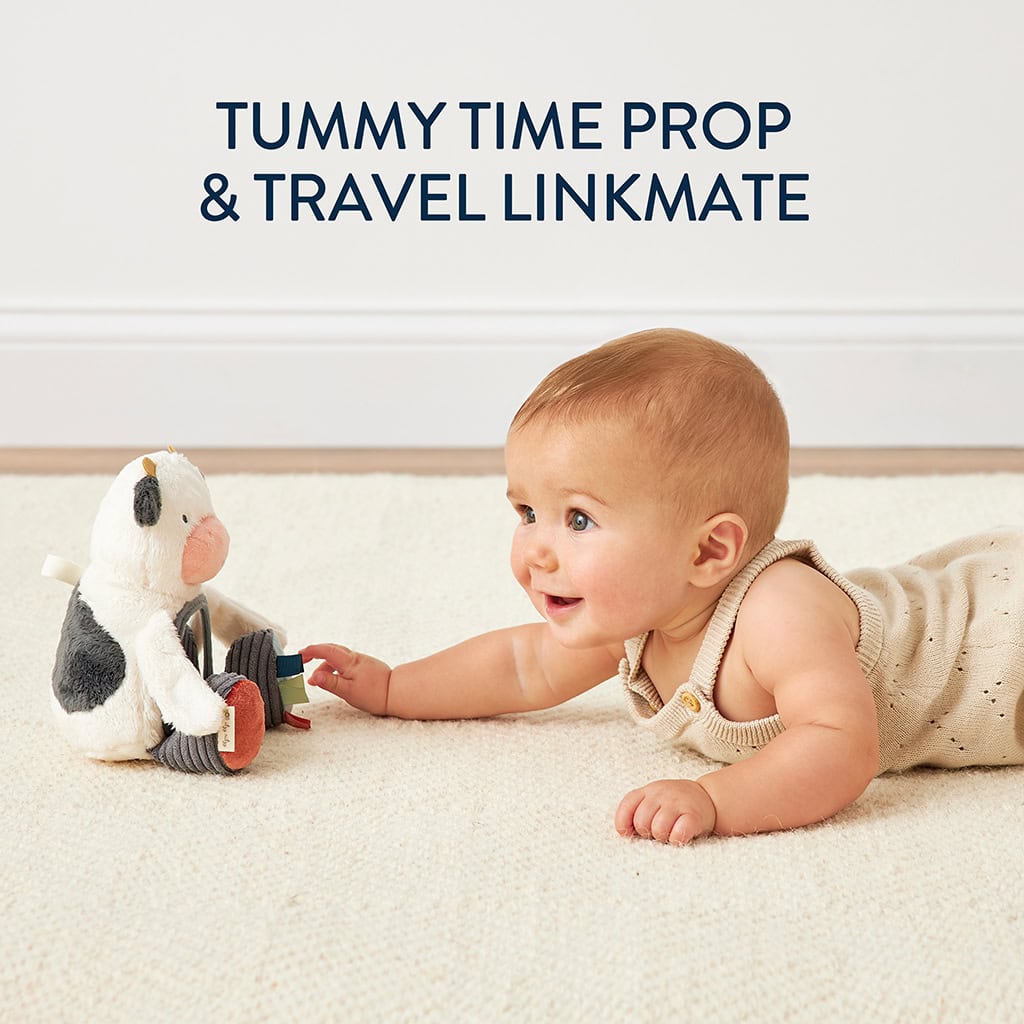 itzy-ritzy-306601562-itzy-bitzy-mirror-cow-1 A baby lying on a beige carpet reaches toward a plush cow toy. Text above reads "Tummy Time Prop & Travel Linkmate.