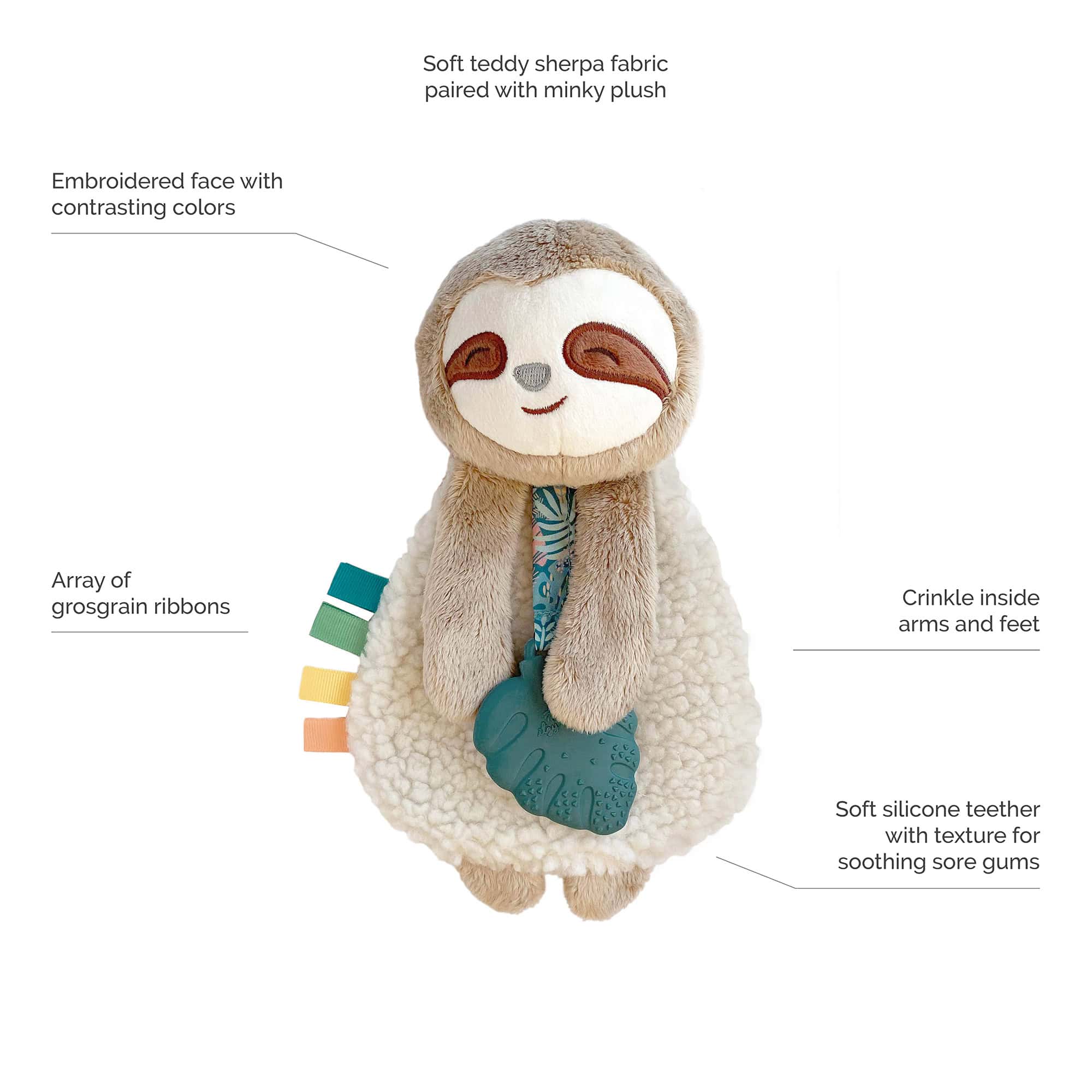 210413_Itzy_Friends_Call_Out_Images A plush sloth toy with embroidered facial features, an array of colorful grosgrain ribbons, crinkle arms and feet, soft teddy sherpa fabric, and a soft silicone teether.