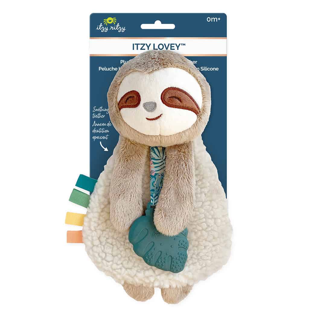itzy-ritzy-lov8317-itzy-lovey-sloth-9 Plush sloth toy from Itzy Ritzy with a silicone leaf teether, colorful fabric tags, and soft fur. Suitable for newborns (0m+). Packaging is visible.