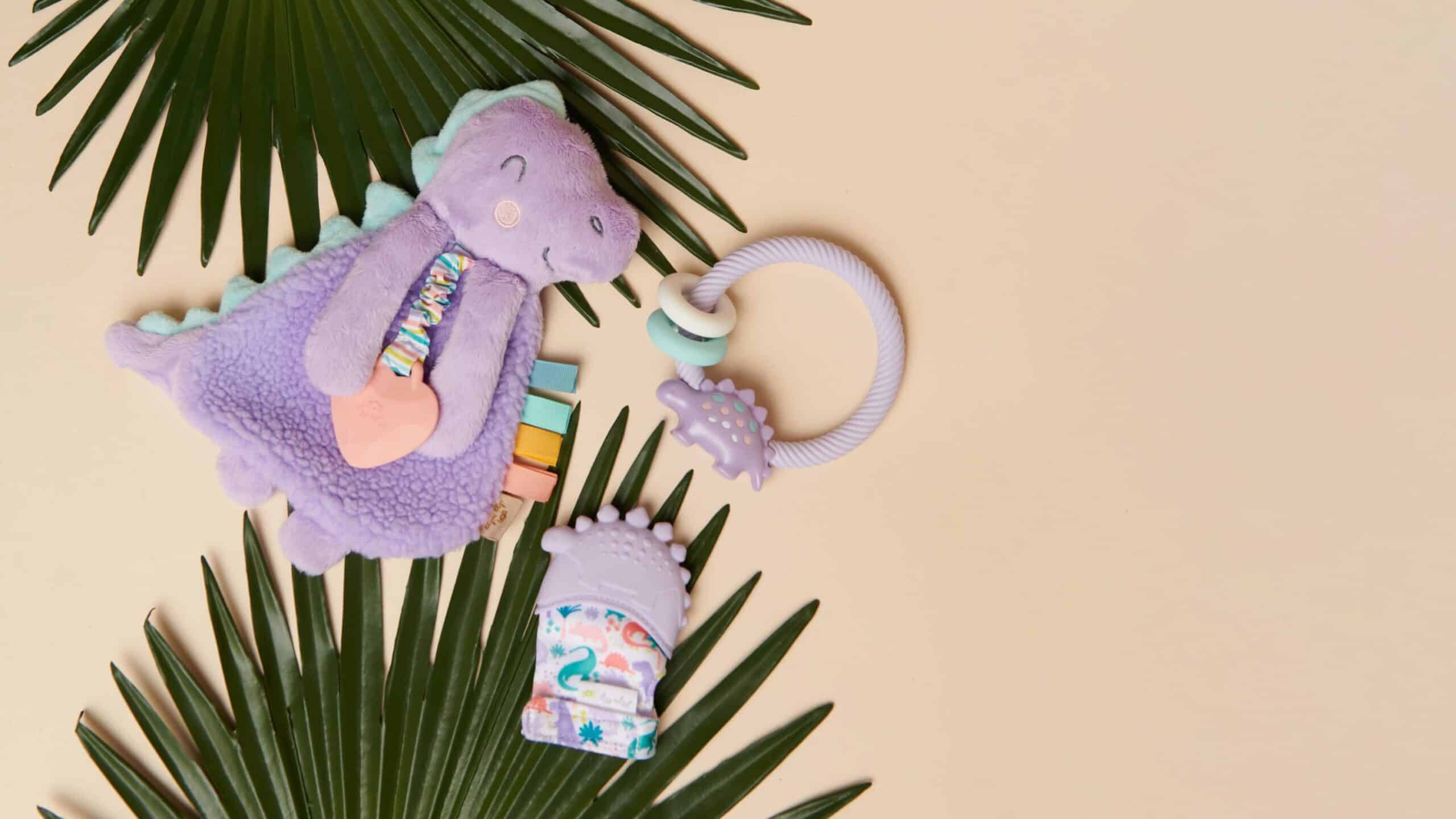 itzy-ritzy-lov8430-itzy-lovey-purple-dino-2 A collection of baby toys: a purple plush dinosaur, a teething ring with colorful beads, and a pacifier clip with a dinosaur design, all placed on green palm leaves against a beige background.