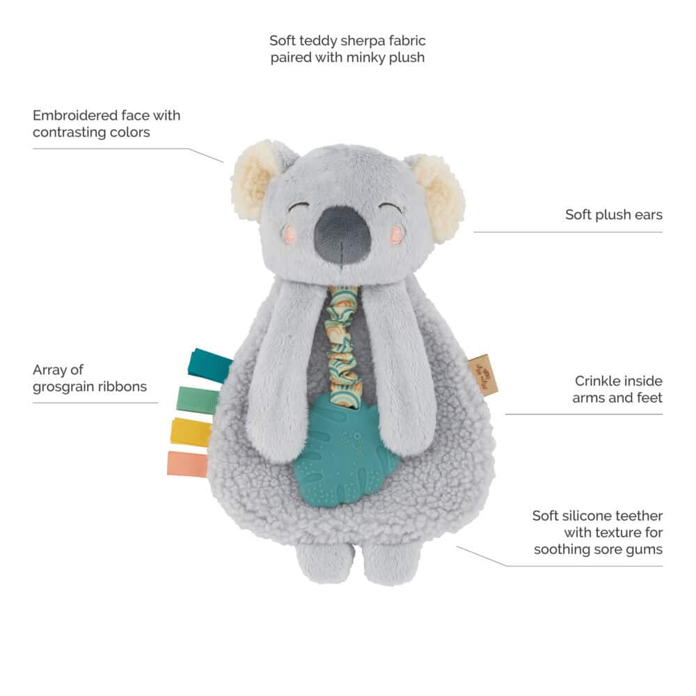 Stuffed koala toy with plush ears, embroidered face, a teether, crinkly arms and feet, and colored ribbons. Made of soft teddy sherpa fabric and minky plush.