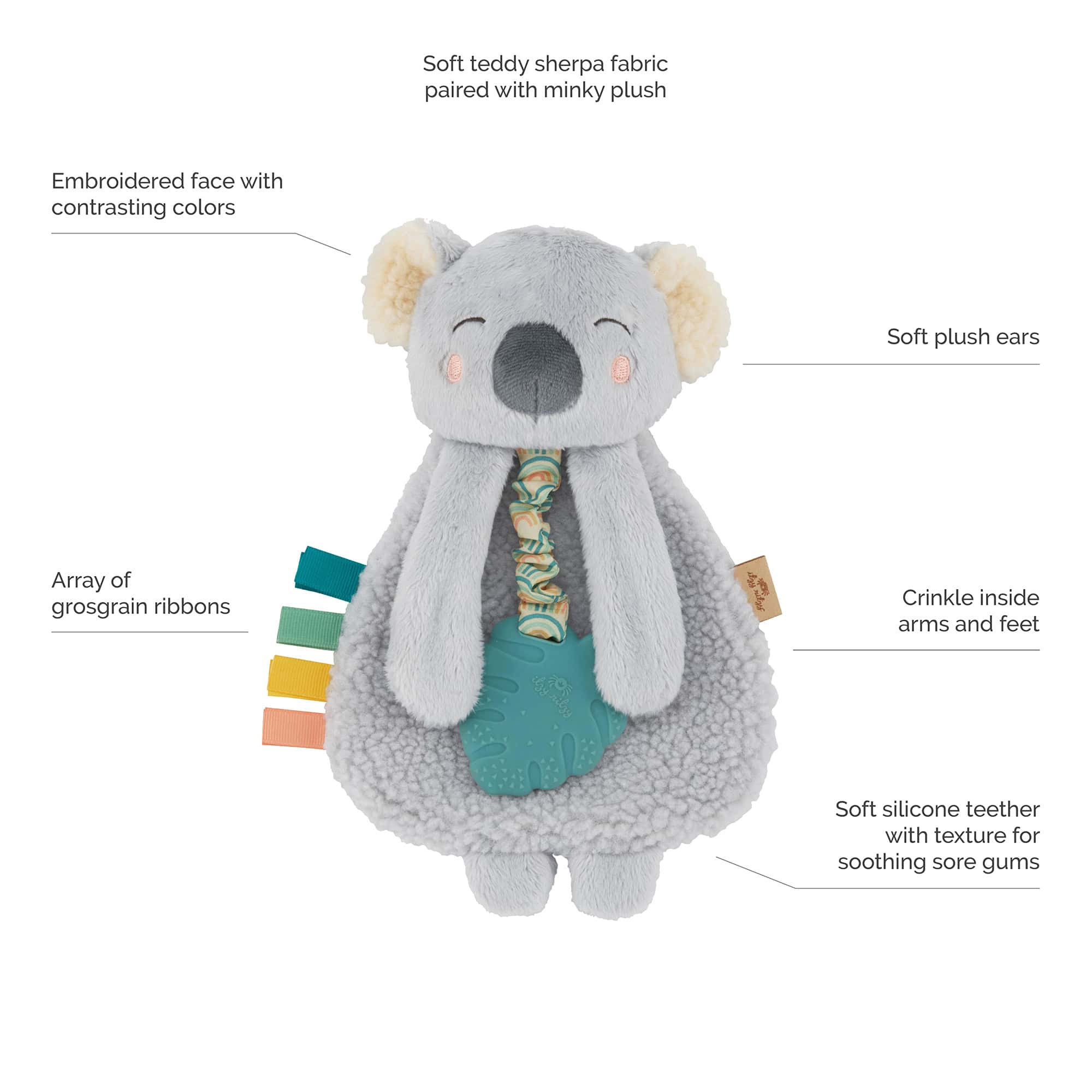 210413_Itzy_Friends_Call_Out_Images Stuffed koala toy with plush ears, embroidered face, a teether, crinkly arms and feet, and colored ribbons. Made of soft teddy sherpa fabric and minky plush.