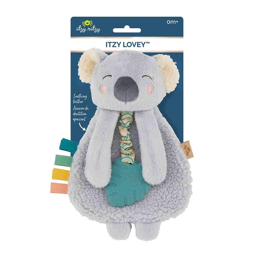 itzy-ritzy-lov8433-itzy-lovey-koala-7 Gray plush toy in the shape of a koala with a rattle and teether, packaged and labeled "Itzy Lovey." Suitable for infants.