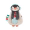 A plush penguin toy with red, green, and blue ribbon tags, wearing blue earmuffs and holding a blue snowflake teether.