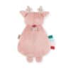A plush toy resembling a deer, viewed from the back, with pink fur, small beige antlers, and colorful tags attached.