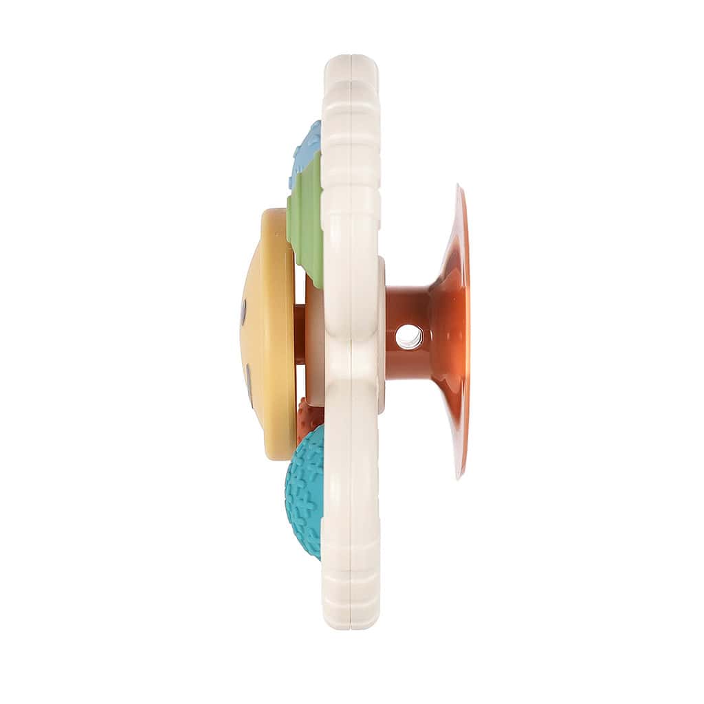 itzy-ritzy-spin8547-itzy-pop-&-whirl-smile- Side view of a colorful suction cup baby toy with textured shapes and a circular base.