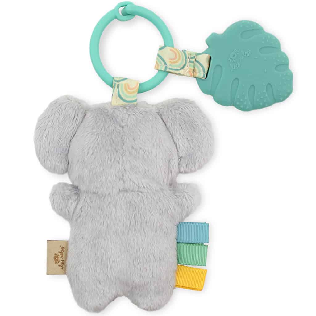 itzy-ritzy-tpl8443-itzy-pal-koala-2 A Itzy Ritzy - Itzy Pal - Plush Pal Infant Toy with Silicone Teether with a teal teething ring and assorted colorful ribbon tags, isolated on a white background.
