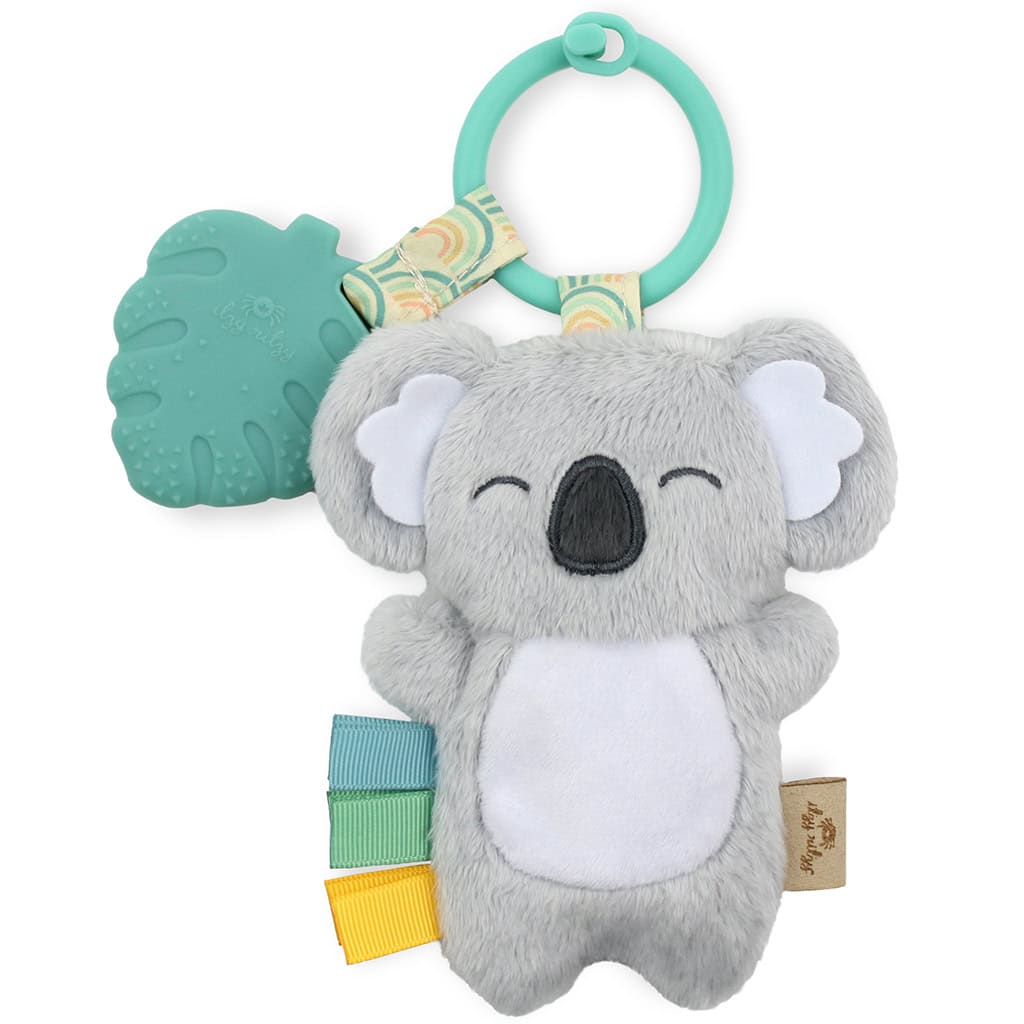itzy-ritzy-tpl8443-itzy-pal-koala-4 Itzy Ritzy - Itzy Pal - Plush Pal Infant Toy with Silicone Teether with attached teething ring and crinkle leaf, featuring various textures and a clip for attachment.